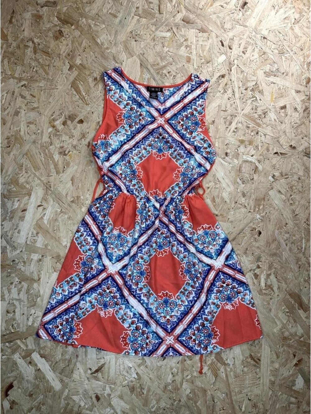 Timing Womens Dress Large Orange Blue Geometric Medallion Print Sleeveless Mini